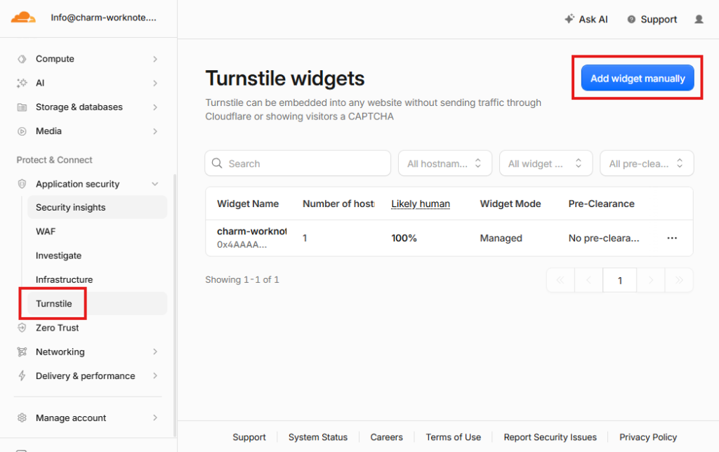 Cloudflare Turnstileでウィジェットを追加する画面