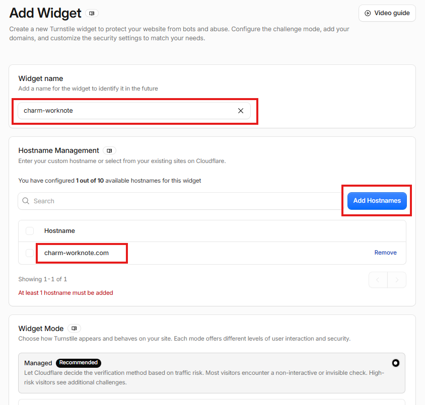 Cloudflare Turnstileのウィジェットへ対象サイトのホスト名を追加する画面