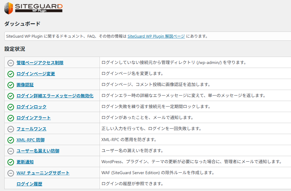 SiteGuardのダッシュボードで有効なセキュリティ機能を確認する画面
