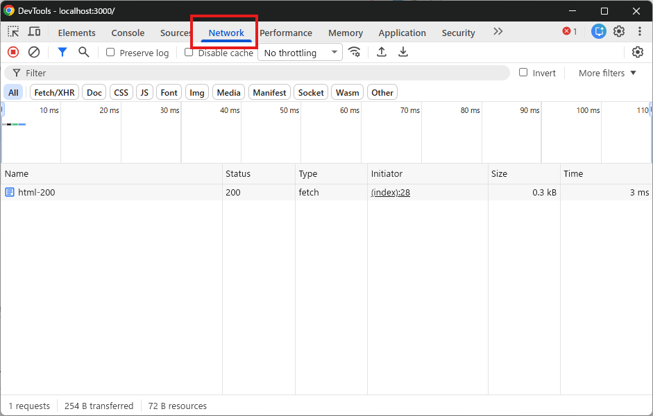 Chrome DevToolsでNetworkパネルを開いた画面