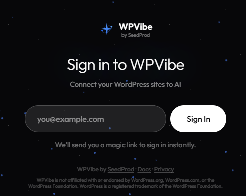 WPVibeのサインイン画面でメールアドレスを入力する