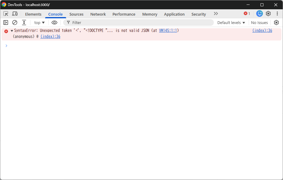 ステータス200のHTMLをJSONとして解析してエラーになった結果(Console)