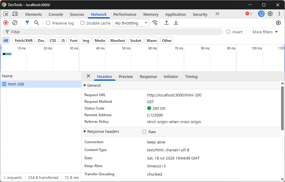 ステータス200のHTMLをJSONとして解析してエラーになった結果(Headers)