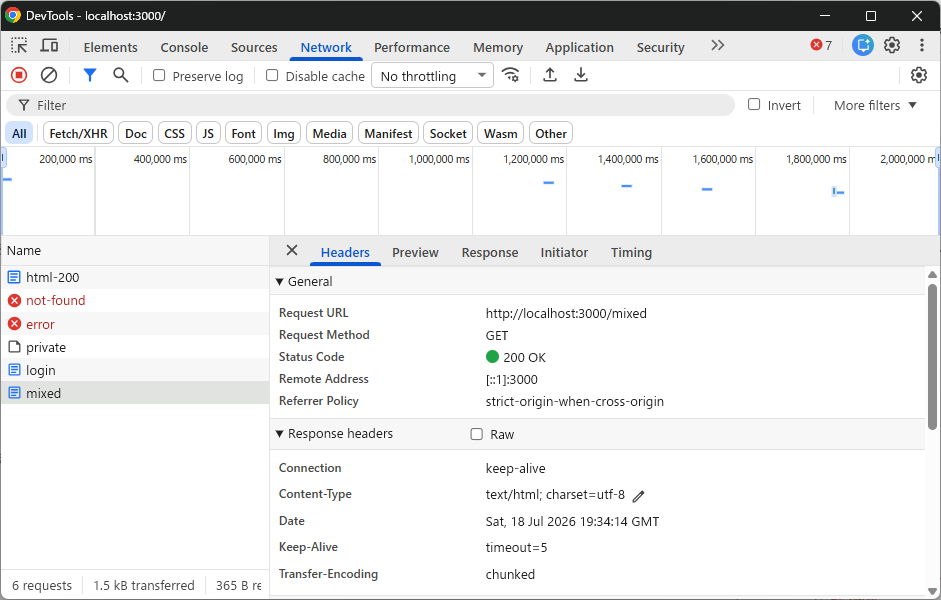 警告風のHTMLがJSONの前に出力された状態(Headers)