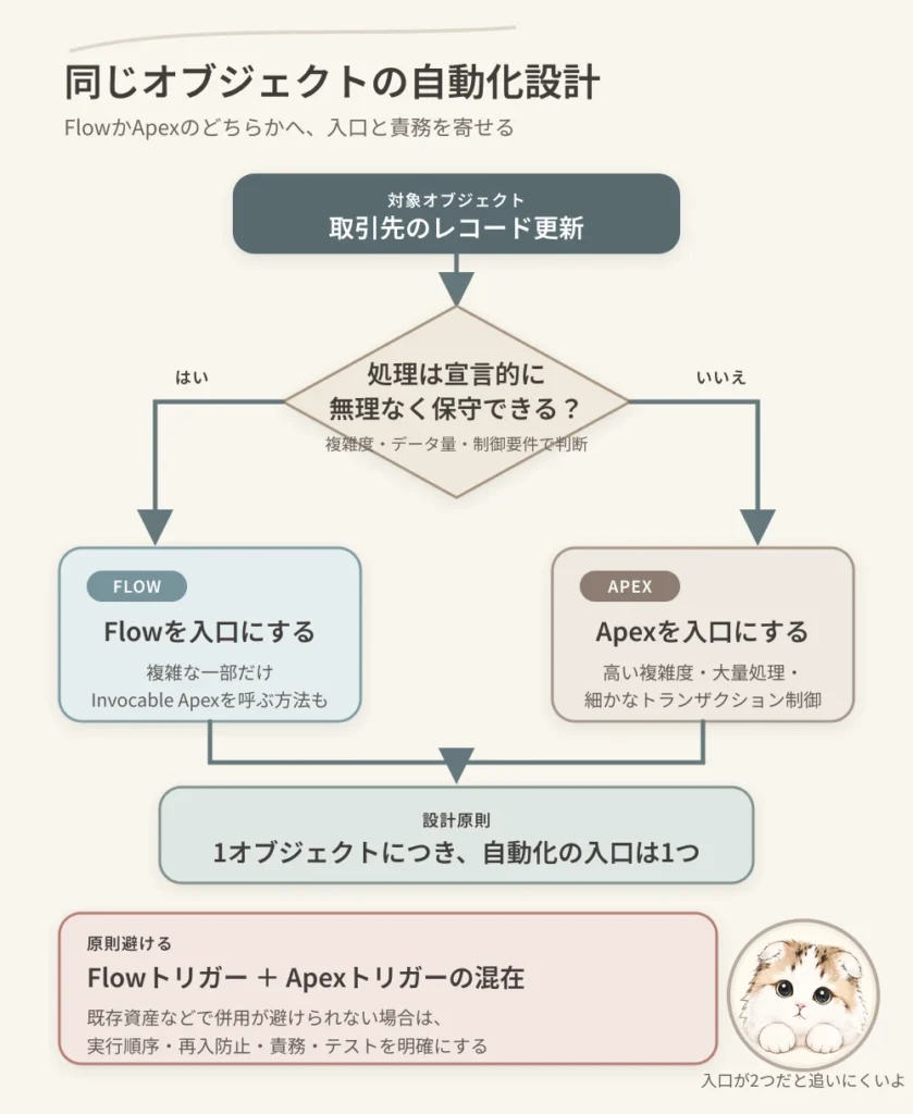 同じオブジェクトではFlowかApexのどちらかに自動化の入口を寄せる設計方針