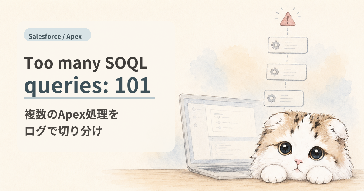 複数のApex処理によるToo many SOQL queries: 101をログで切り分けるイメージ