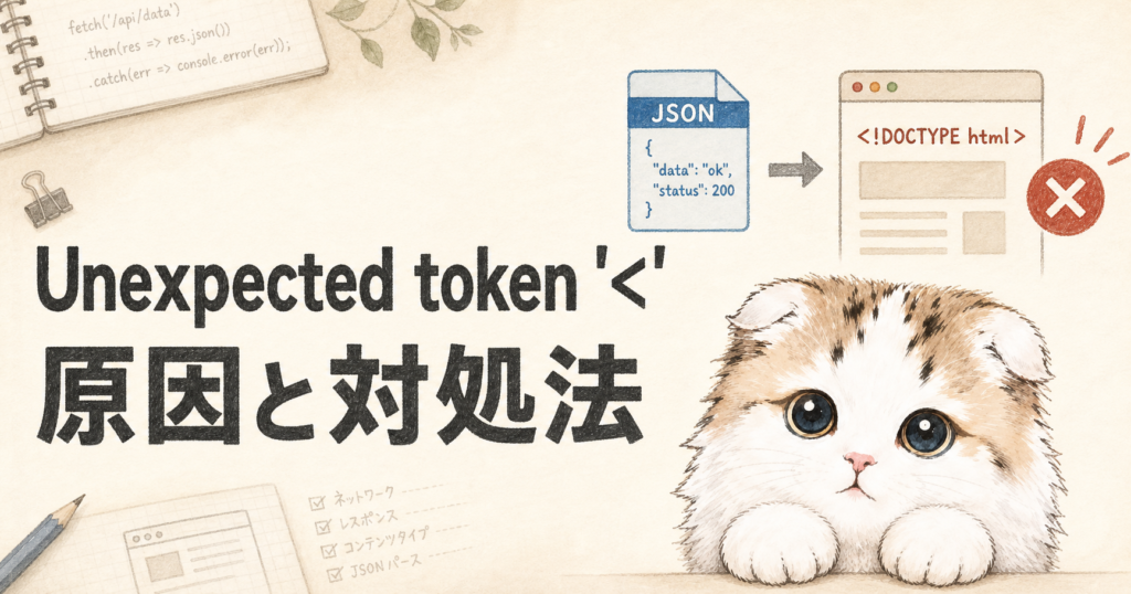 JavaScriptでJSONを期待した処理にHTMLが返り、Unexpected tokenエラーになる様子