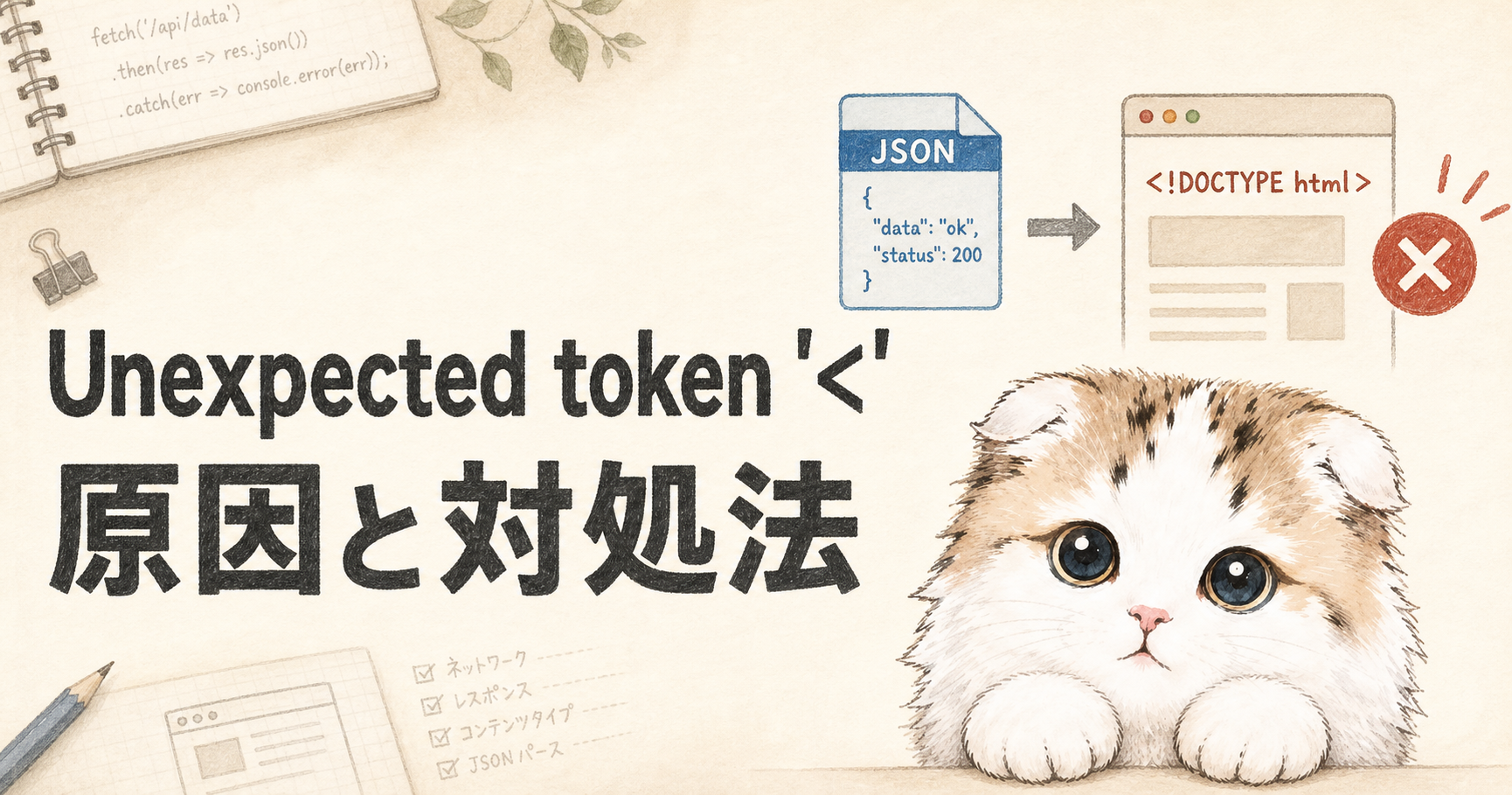JavaScriptでJSONを期待した処理にHTMLが返り、Unexpected tokenエラーになる様子