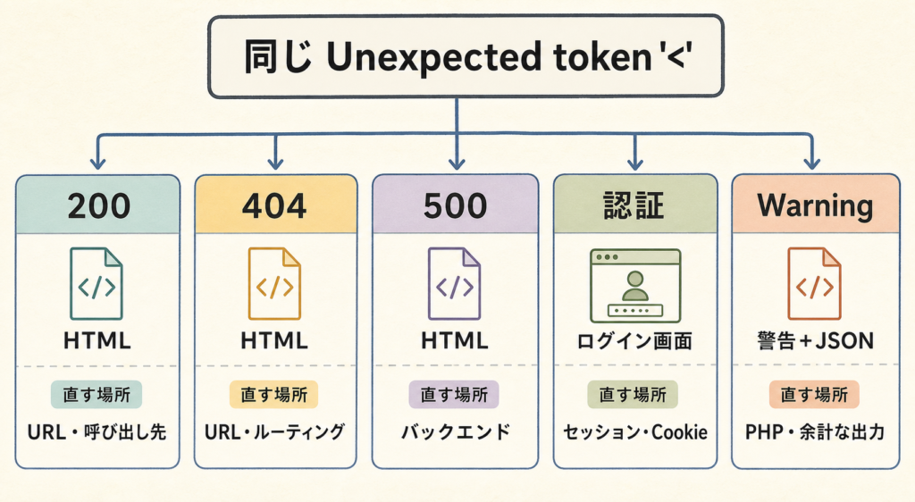 Unexpected tokenエラーを起こす5ケースと、それぞれの主な修正箇所の比較