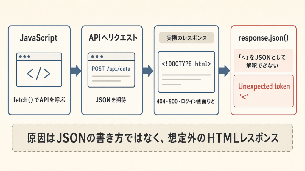JSONを期待したJavaScriptにHTMLが返り、response.json()でUnexpected tokenエラーになる流れ