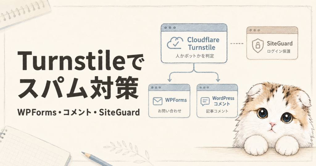 TurnstileでWPFormsとコメントのスパム対策をし、SiteGuardでログインを保護する図