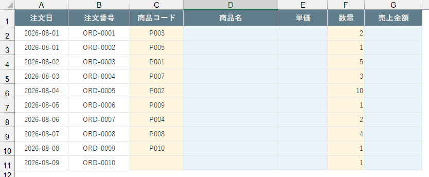 売上入力シートの列構成
