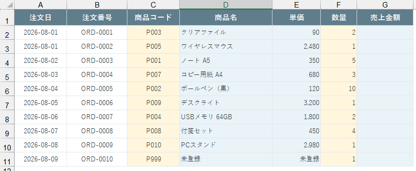 商品コードを入力すると商品名・単価が表示された完成例