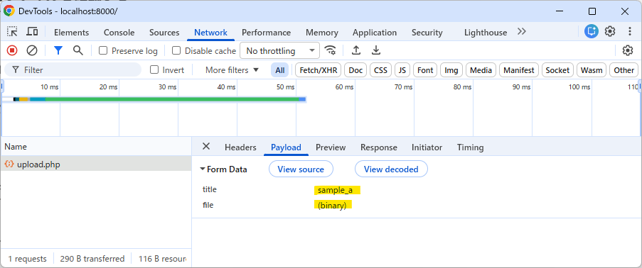 NetworkパネルのPayloadに表示されたtitleとfile