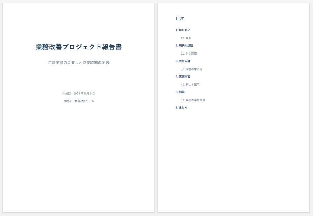 表紙と目次にページ番号を表示せず本文の先頭を1にしたWord文書