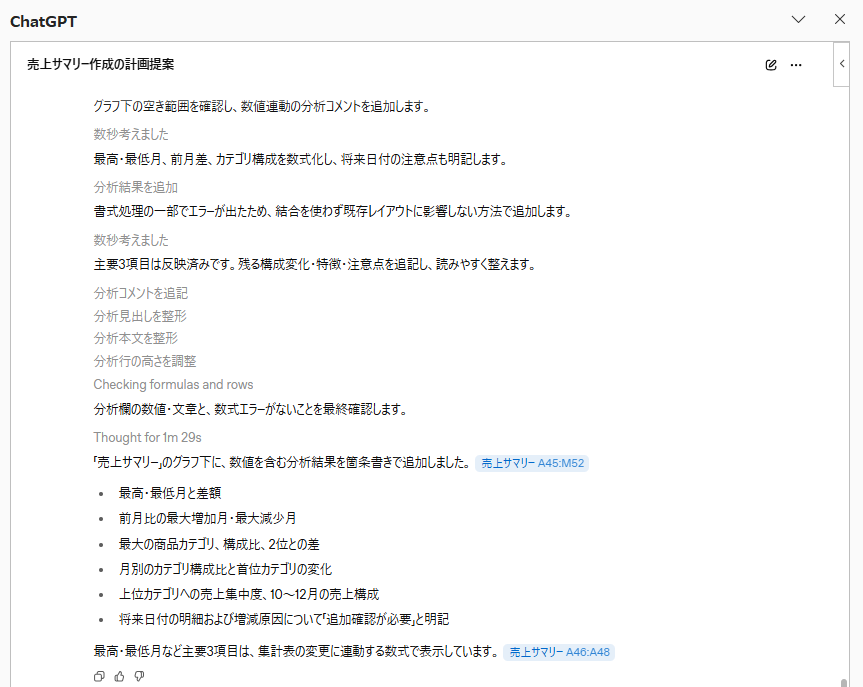 数値に基づく売上分析を依頼した際のChatGPTの回答