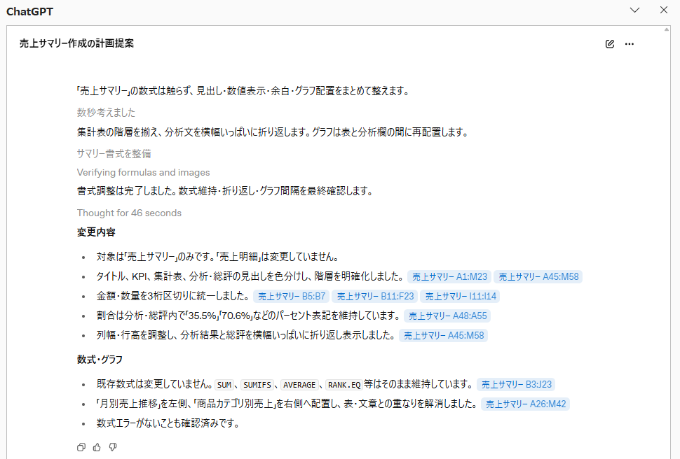 ChatGPTが変更したシート・セル範囲・数式・グラフを説明した画面
