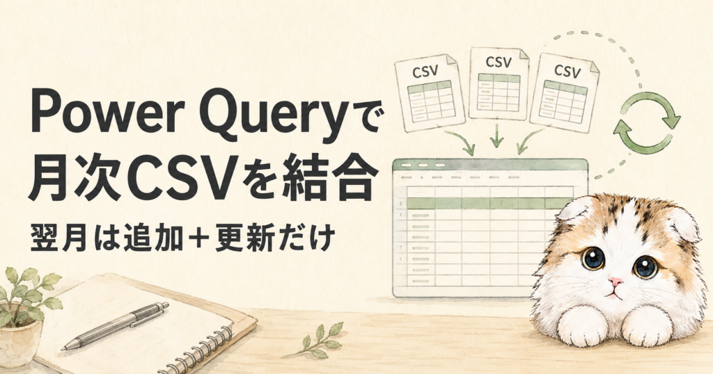 Power Queryで月次CSVを結合して更新するイメージ