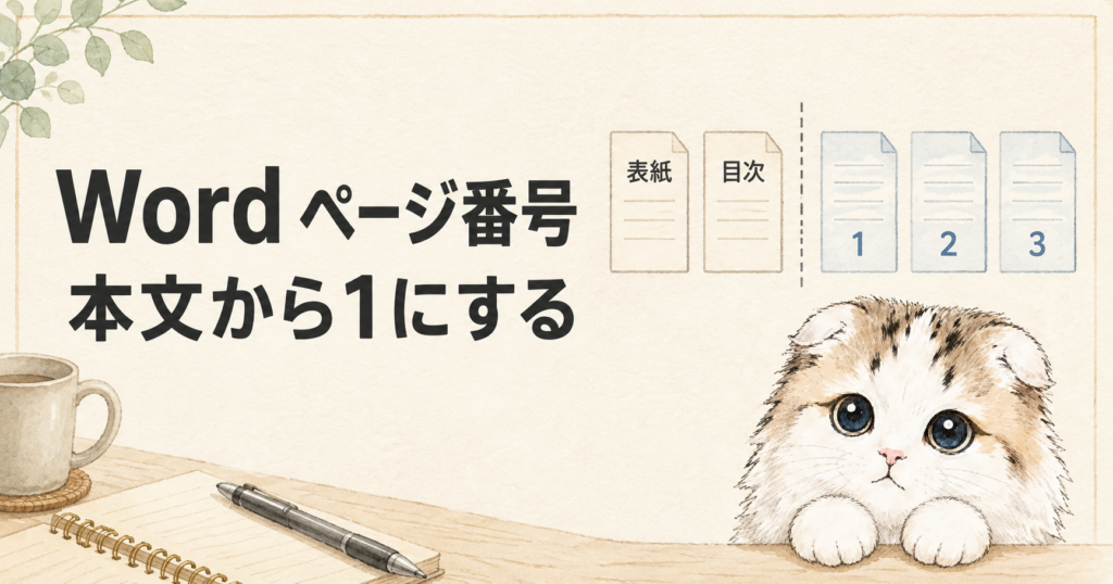 Wordで表紙と目次を除き本文からページ番号を1にするイメージ