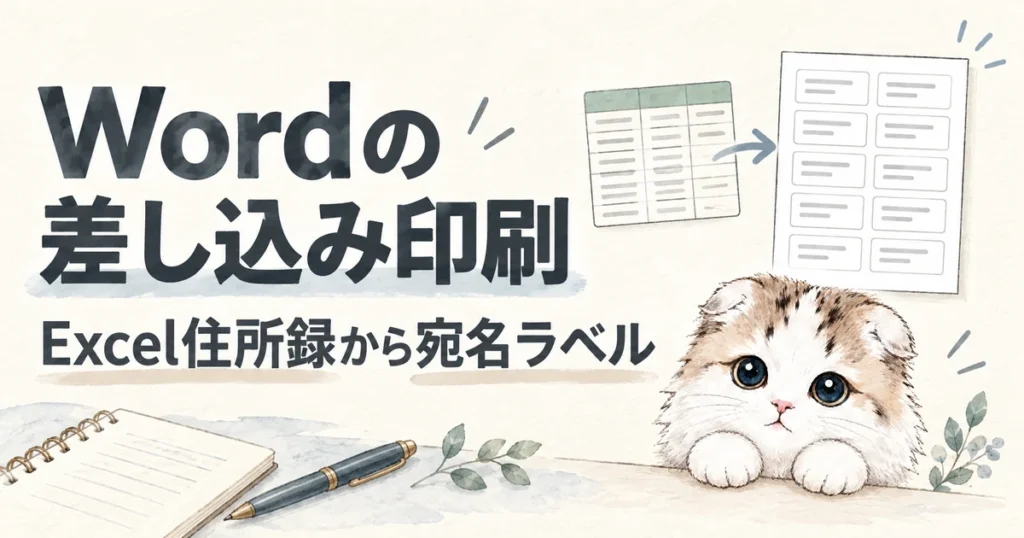 Excel住所録からWordの差し込み印刷で宛名ラベルを作成するイメージ
